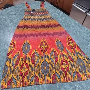 Womens XL Smocked Stretchy Knee Length Summer Dress Tribal Print Festival Aztec